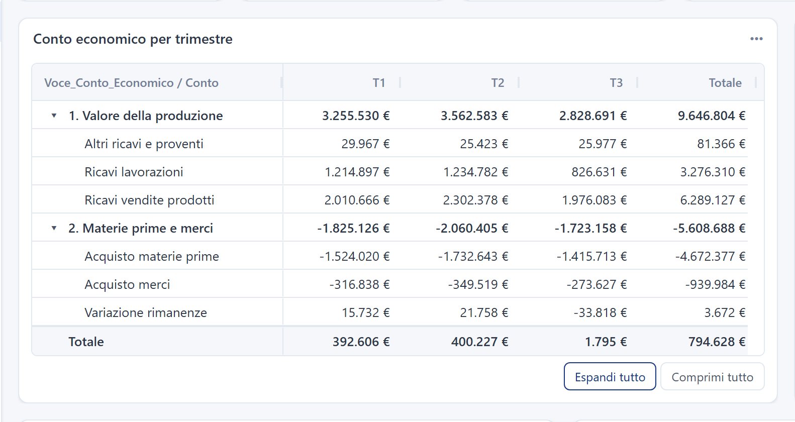 Conto economico per trimestre
